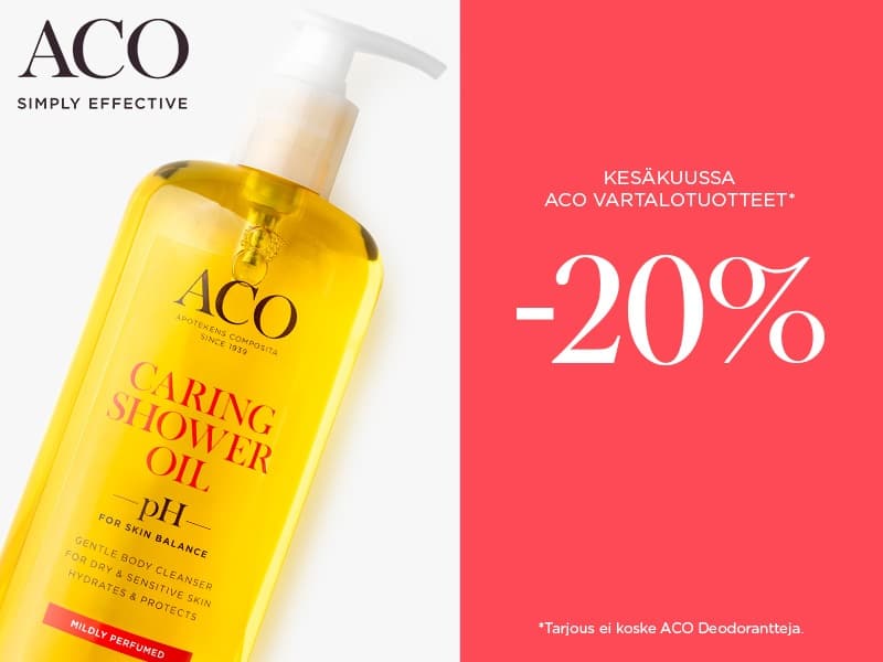 ACO vartalotuotteet kesäkuussa 2026, tarjous -20 %. Tarjous ei koske ACO-deodorantteja.