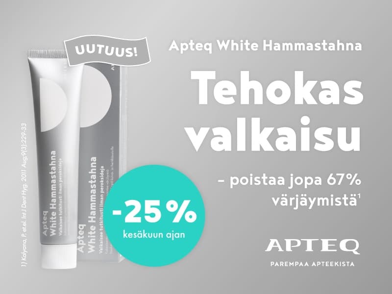 Uutuus: Apteq White hammastahna. Kesäkuun ajan -25 %. Valmistajan mukaan poistaa jopa 67 prosenttia värjäymistä.