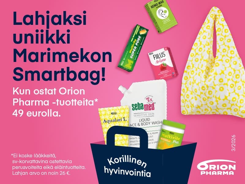 Orion Pharma kampanja: saat Marimekon Smartbag-lahjakassin ostaessasi Orion Pharma -tuotteita 49 eurolla. Ei koske lääkkeitä, SV-korvattavia perusvoiteita eikä eläintuotteita. Lahjan arvo noin 26 euroa.