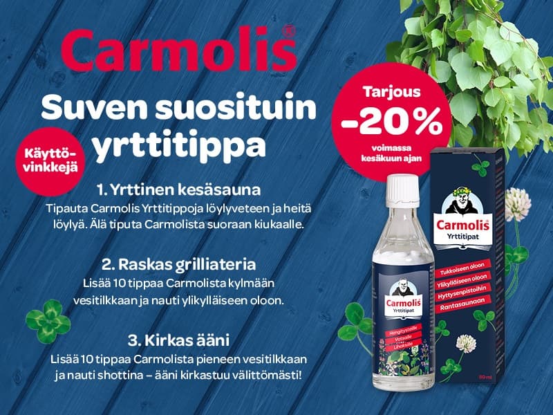 Carmolis Yrttitipat tarjous kesäkuun ajan, -20 %. Yrttitippoja voi käyttää esimerkiksi saunavedessä, juomissa ja kurkun virkistämiseen.