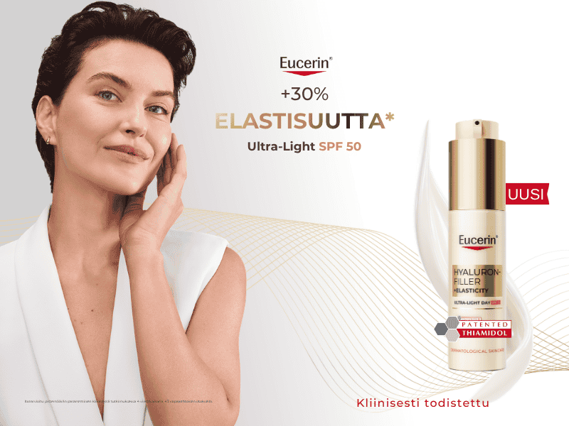 Eucerin Hyaluron-Filler Elasticity Ultra-Light SPF 50. Uutuustuote. Mainoksen mukaan lisää ihon elastisuutta 30 prosenttia.