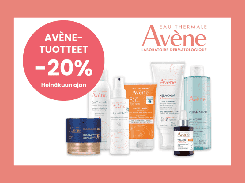 Avène-tuotteet heinäkuun ajan -20 %. Alennus koskee Avène-tuotteita heinäkuun kampanjan aikana.