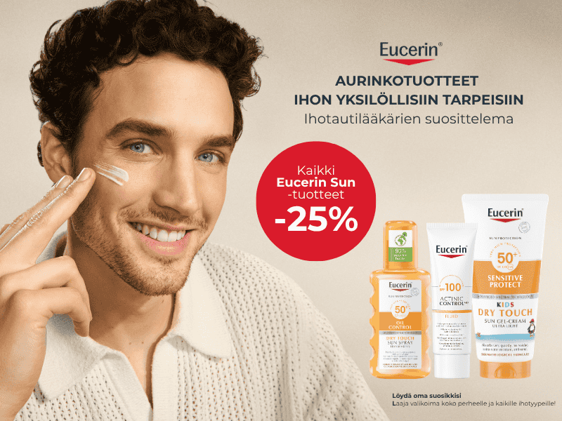 Kaikki Eucerin Sun -aurinkotuotteet -25 %. Laaja valikoima aurinkosuojia koko perheelle ja kaikille ihotyypeille.