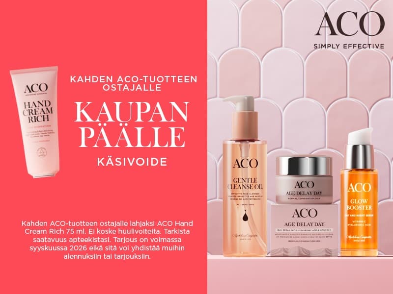 ACO Party -kampanja syyskuussa 2026: kun ostat kaksi ACO-tuotetta, saat ACO Hand Cream Rich 75 ml -käsivoiteen kaupan päälle. Etu ei koske huulivoiteita. Tarkista saatavuus apteekista.
