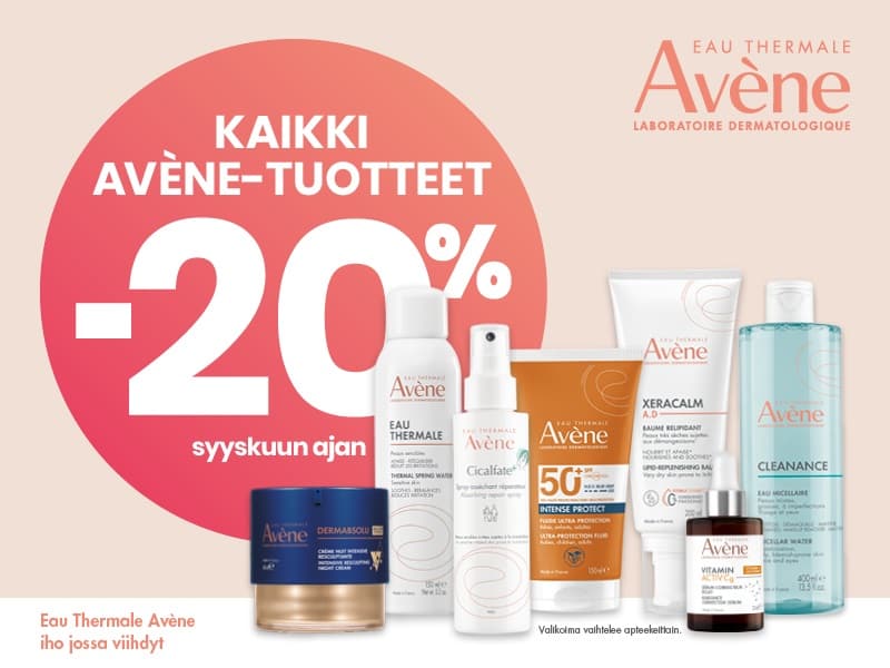 Kaikki Avène-tuotteet -20 % syyskuun ajan. Valikoima vaihtelee apteekeittain.