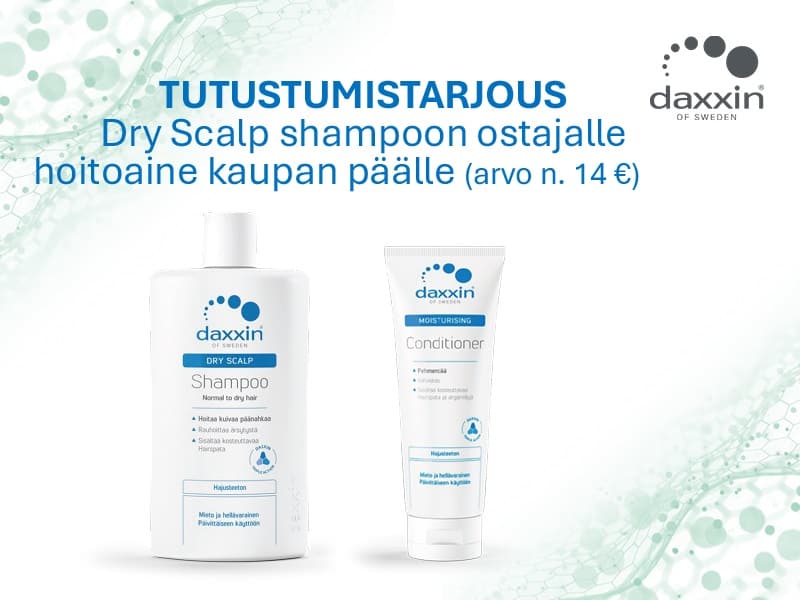 Daxxin Dry Scalp Shampoo -tutustumistarjous: shampoon ostajalle hoitoaine kaupan päälle. Hoitoaineen arvo noin 14 euroa.