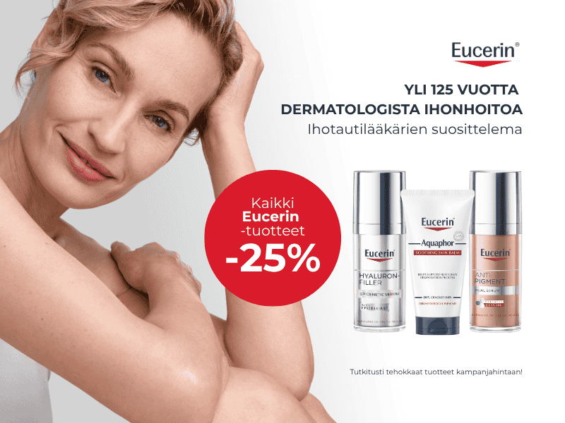 Kaikki Eucerin-tuotteet -25 %. Eucerin on dermatologien suosittelema ihonhoitosarja, jonka tuotteet on suunniteltu erilaisiin ihon tarpeisiin.