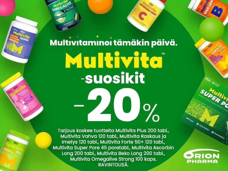 Multivita-suosikit -20 %. Tarjous koskee Multivita Plus 200 tabl., Multivita Vahva 120 tabl., Multivita Raskaus ja Imetys 120 tabl., Multivita Forte 50+ 120 tabl., Multivita Super Pore 45 poretabl., Multivita Ascorbin Long 200 tabl., Multivita Beko Long 200 tabl. ja Multivita Omegalive Strong 100 kaps. Ravintolisä.