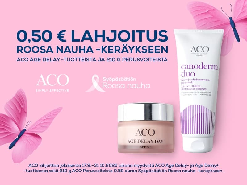 ACO lahjoittaa 0,50 euroa Syöpäsäätiön Roosa nauha -keräykseen jokaisesta 17.9.–31.10.2026 myydystä ACO Age Delay- ja Age Delay+ -tuotteesta sekä 210 g ACO Perusvoiteesta.